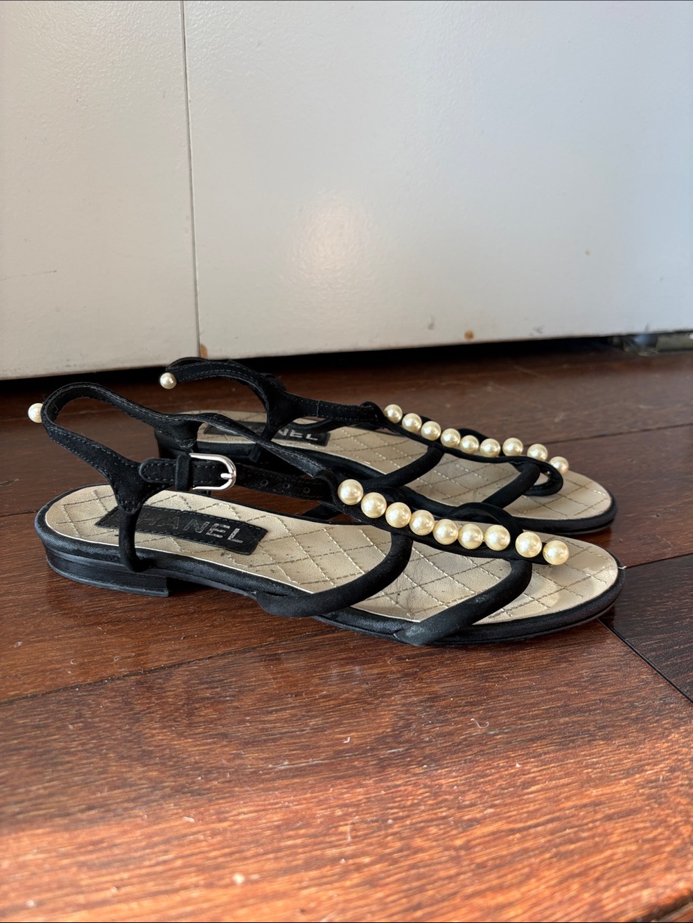 CHANEL Black Strappy Pearl-Accent Slingback Sandals 37/7 - Picture 2 of 7
